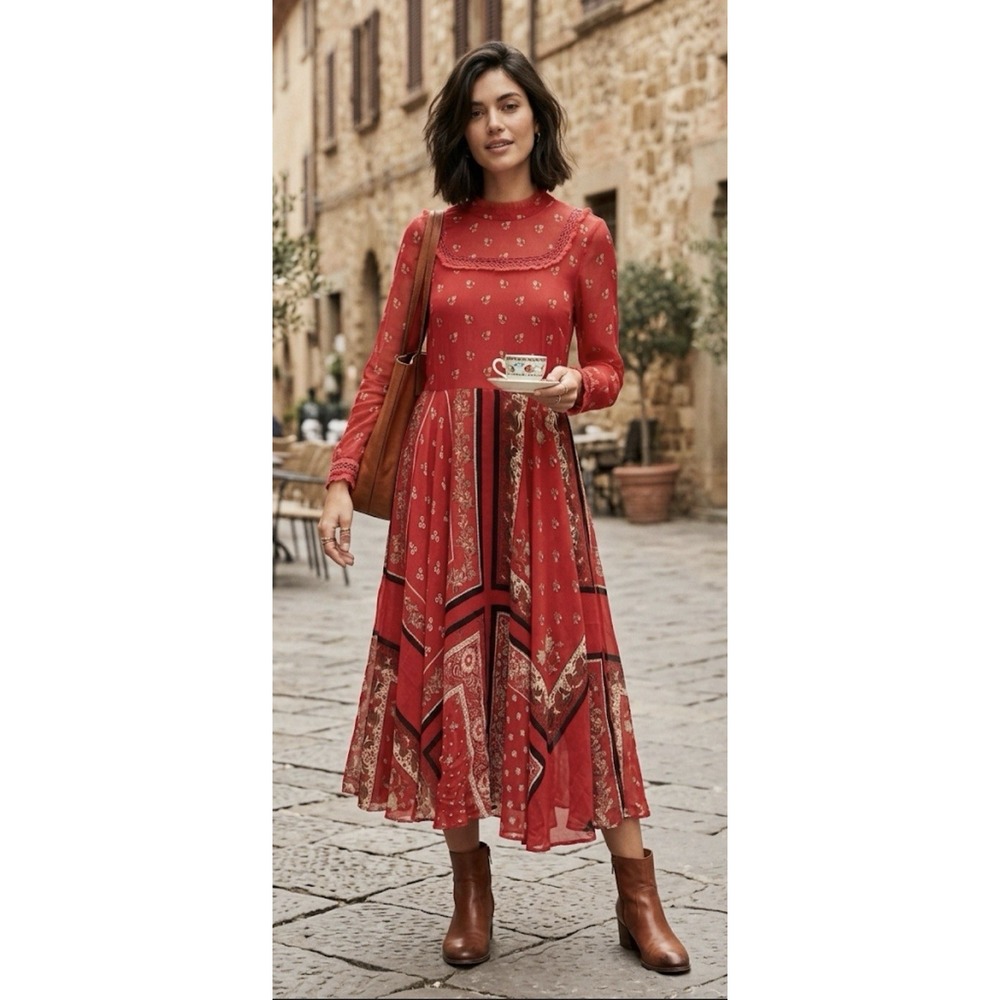 Ritu Kumar Label Red Size Medium Block Print Ethnic Indian Sheer Bohemian